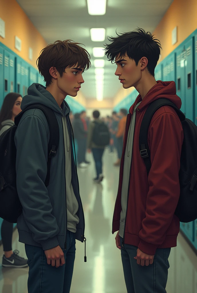 In the hallways of a high school. Daniel (man) worried is talking to Alex(man) as they walk through the halls. Lucia is with her friends at a moderate distance from them
