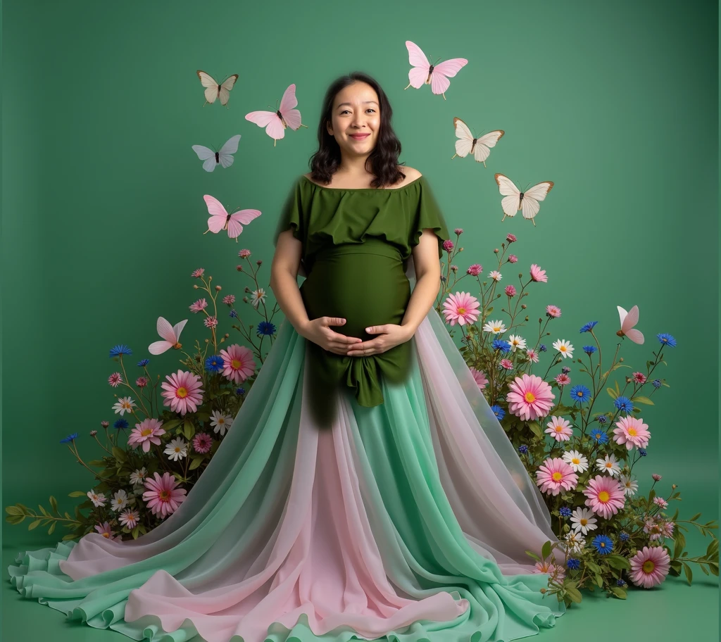 pregnant woman in green dress surrounded by flowers and butterflies, a colorized photo by Elena Guro, shutterstock, conceptual art, blue and pink colors, blue and pink, blue and pink color scheme, cyan photographic backdrop, pink and blue colour, pink and blue colors, flowing gown, pastel blues and pinks, lady with glowing flowers dress, pink and green
