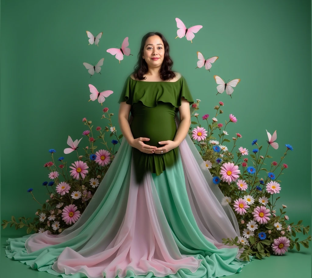 pregnant woman in green dress surrounded by flowers and butterflies, a colorized photo by Elena Guro, shutterstock, conceptual art, blue and pink colors, blue and pink, blue and pink color scheme, cyan photographic backdrop, pink and blue colour, pink and blue colors, flowing gown, pastel blues and pinks, lady with glowing flowers dress, pink and green