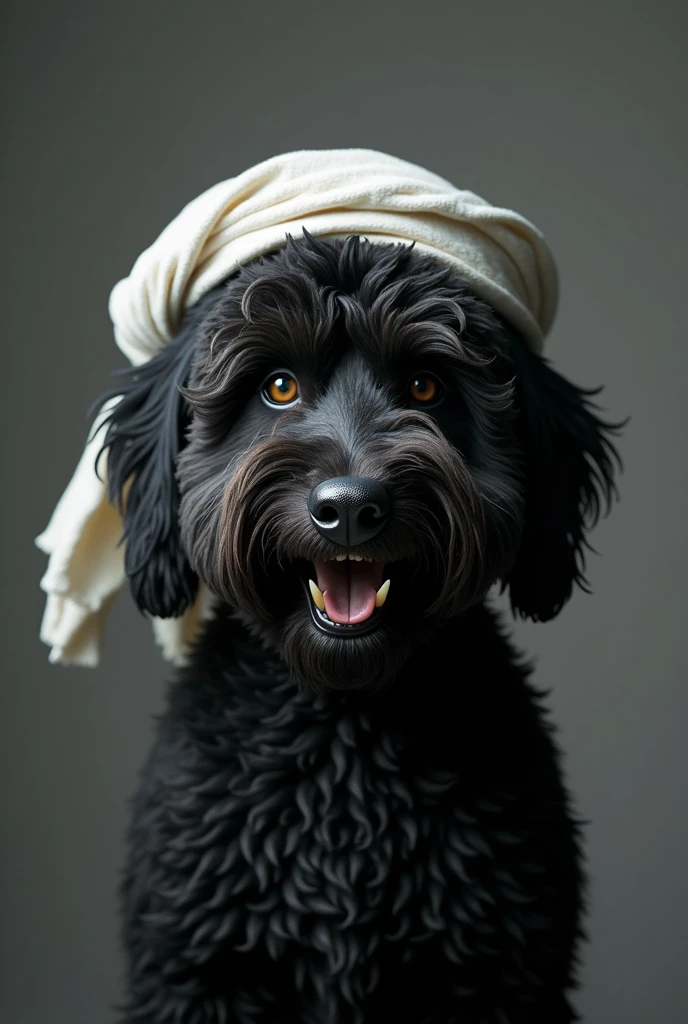 Black angry Labradoodle wearing a white guthra