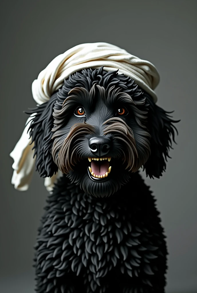 Black angry Labradoodle wearing a white guthra