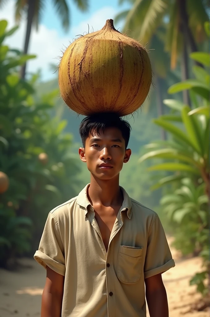 One putting a coconut on his head 