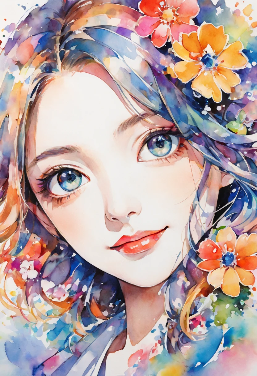 Beautiful woman portrait, Cute Smile, Upper Body, Sylvia Pelissero watercolors, Colorful flowers、Beautiful Eyes、 Abstract art, Intense watercolor, Watercolor detailed art, Watercolor splash, Surreal, Avant-garde pop art, Beautiful and expressive paintings, Beautiful artwork illustration, Very colorful tones, wonderful, Cool Beauty, Highest quality,Official Art, women only, Sharp contours, Best Shot, Vector art, Lips in Love、 (((The most beautiful women in history))), (((Japanese)))、clear, (((Highest quality))), Lips in Love, High resolution, ((Detailed explanation)), Stylish Fashion, Detailed garment texture, (((Graffiti art))), Colorful Hair, ((masterpiece))、((Very detailed))