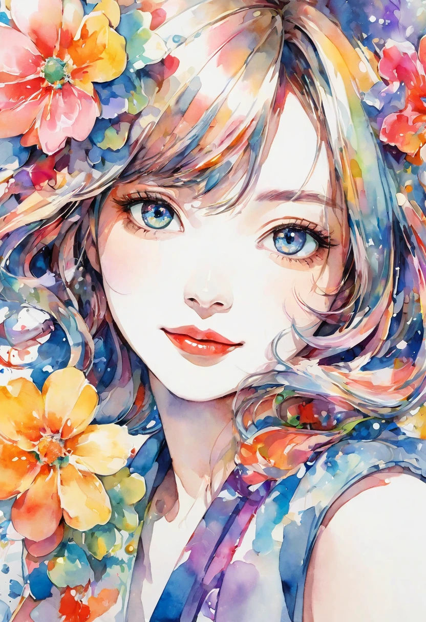 Beautiful woman portrait, Cute Smile, Upper Body, Sylvia Pelissero watercolors, Colorful flowers、Beautiful Eyes、 Abstract art, Intense watercolor, Watercolor detailed art, Watercolor splash, Surreal, Avant-garde pop art, Beautiful and expressive paintings, Beautiful artwork illustration, Very colorful tones, wonderful, Cool Beauty, Highest quality,Official Art, women only, Sharp contours, Best Shot, Vector art, Lips in Love、 (((The most beautiful women in history))), (((Japanese)))、clear, (((Highest quality))), Lips in Love, High resolution, ((Detailed explanation)), Stylish Fashion, Detailed garment texture, (((Graffiti art))), Colorful Hair, ((masterpiece))、((Very detailed))