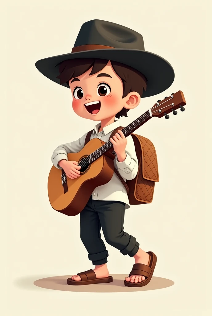 Cartoon of a boy with short haircut wearing stylish black hat, with a woven backpack in one go, white long sleeve shirt, black cloth pants and leather sandals . With his guitar in his hands singing