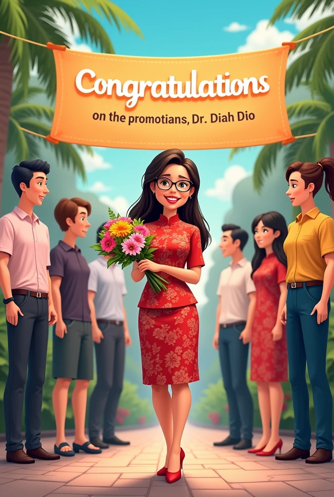 4D Cartoon of Indonesian Woman aged 30 years, wear red kebaya, wearing glasses, high heel shoes, hold a bouquet of flowers, cheerful face, there is a banner with the writing, "Congratulations on the Promotion, Dr. Diah Dio", UHD, 16k, clear, flanked by 6 other people..