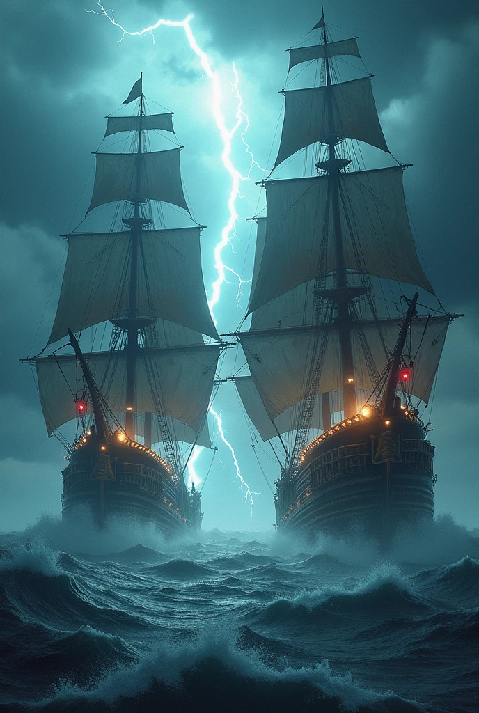 a giant pirate ship and another twice as big , side by side in the midst of a violent storm on the high seas, a thunder cutting through the black night sky