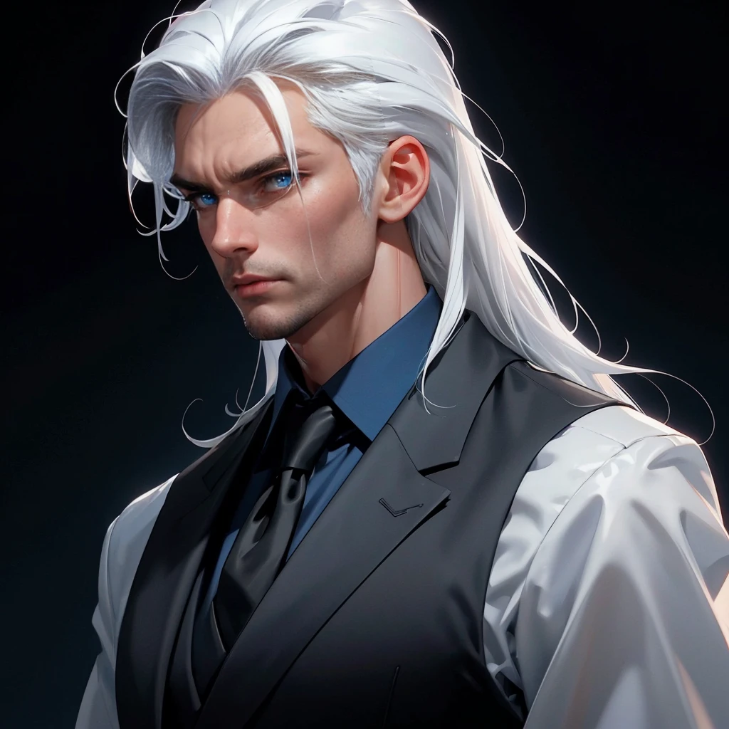 envision a 8k, highres, cinematic close up portrait of a strong faced man with a slender skinny body, no facial hair with sleek white hair, and blue eyes wearing black vest and collard shirt, blazer, magic effects against a dark gray background