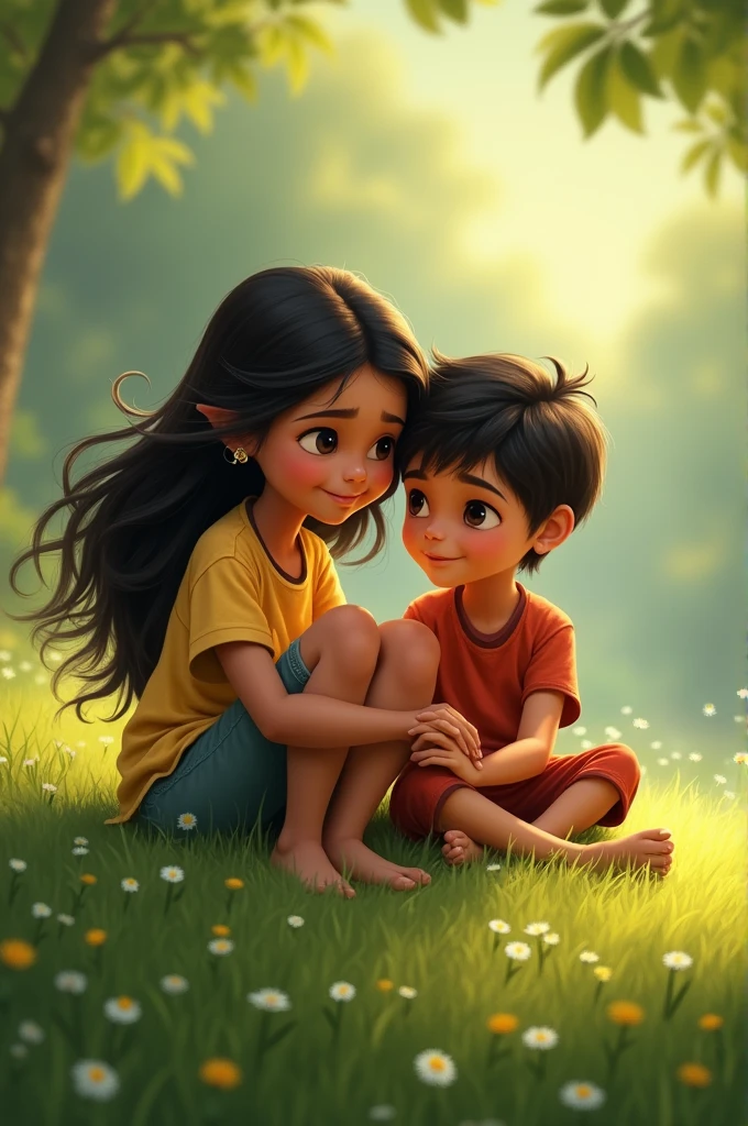 A boy and a girl are sitting, the girl's name is Riya and the boy's name is Raj