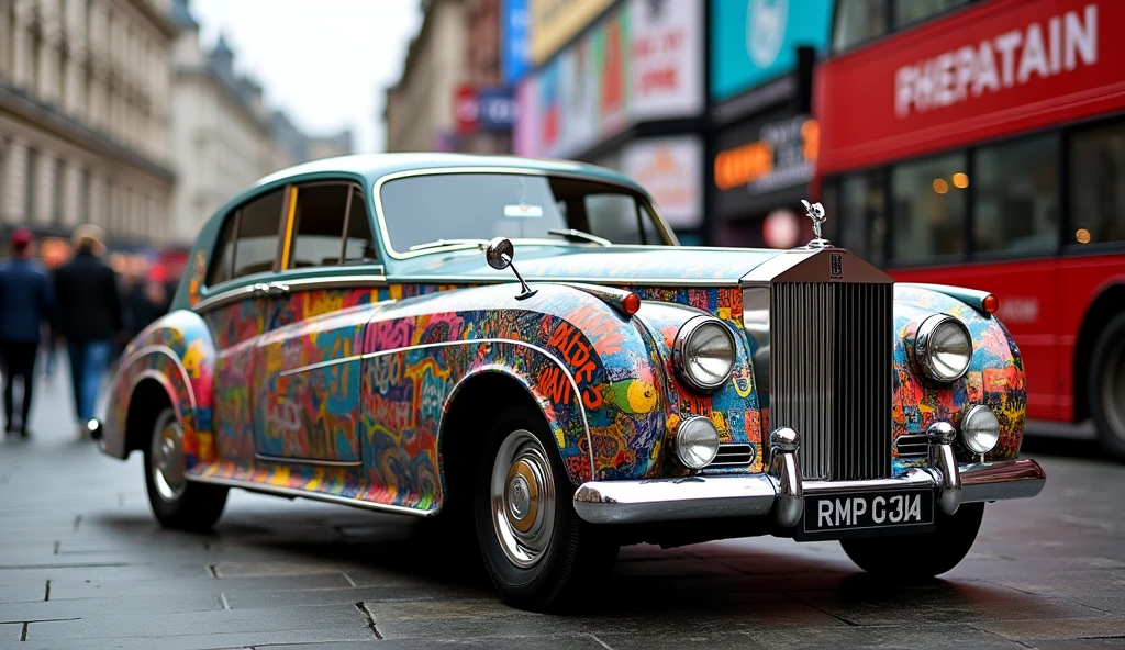 A 1955 Rolls Royce Silver Cloud covered in a collage of colorful New York graffiti cutouts. The finish is glossy, it is located in Picadilly Circus