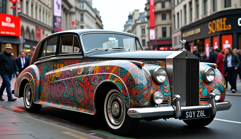 A 1955 Rolls Royce Silver Cloud covered in a collage of colorful New York graffiti cutouts. The finish is glossy, it is located in Picadilly Circus