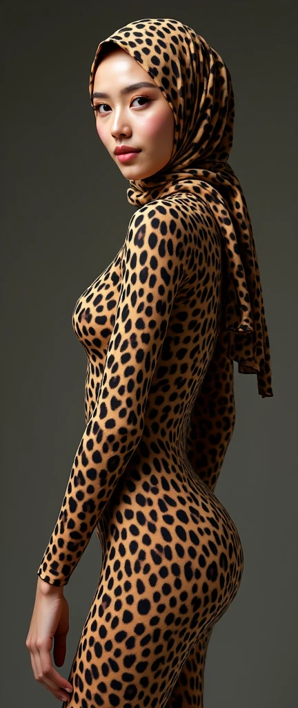 the beautiful,slender thin and prettiest Malaysian muslimah adult girl with beautiful cheeks wears leopard print lycra turtleneck unitard catsuit covered with seamless spots and always wear leopard print lycra elastane stretchy dance wear hijab covered with seamless spots.She has beautiful lips