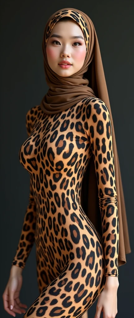 the beautiful,slender thin and prettiest Malaysian muslimah adult girl with beautiful cheeks wears leopard print lycra turtleneck unitard catsuit covered with seamless spots and always wear leopard print lycra elastane stretchy dance wear hijab covered with seamless spots.She has beautiful lips