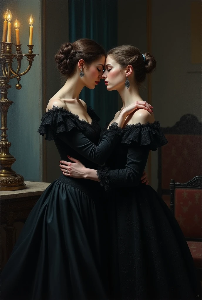 A highly realistic and atmospheric depiction of Lady Seraphina d’Aurelis being manipulated by Lady Althea Voss, set in a dark fantasy theme with an oil painting style. The scene takes place in a shadowy, secluded room within the palace, where Althea is subtly seducing and manipulating Seraphina. Seraphina, dressed in her elegant but dark attire, looks emotionally vulnerable, her expression showing a mix of sorrow and confusion. Althea, in her sophisticated dark gown, leans in close to Seraphina, her touch gentle yet calculating, her ice-blue eyes gleaming with hidden intent. The background is dimly lit, with heavy drapes and dark, ornate furniture emphasizing the secrecy and tension of the moment. The art style captures the complexity of their relationship, focusing on the emotional manipulation and the power dynamics between the two characters.