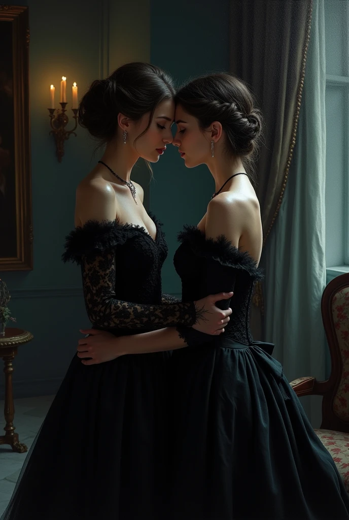 A highly realistic and atmospheric depiction of Lady Seraphina d’Aurelis being manipulated by Lady Althea Voss, set in a dark fantasy theme with an oil painting style. The scene takes place in a shadowy, secluded room within the palace, where Althea is subtly seducing and manipulating Seraphina. Seraphina, dressed in her elegant but dark attire, looks emotionally vulnerable, her expression showing a mix of sorrow and confusion. Althea, in her sophisticated dark gown, leans in close to Seraphina, her touch gentle yet calculating, her ice-blue eyes gleaming with hidden intent. The background is dimly lit, with heavy drapes and dark, ornate furniture emphasizing the secrecy and tension of the moment. The art style captures the complexity of their relationship, focusing on the emotional manipulation and the power dynamics between the two characters.