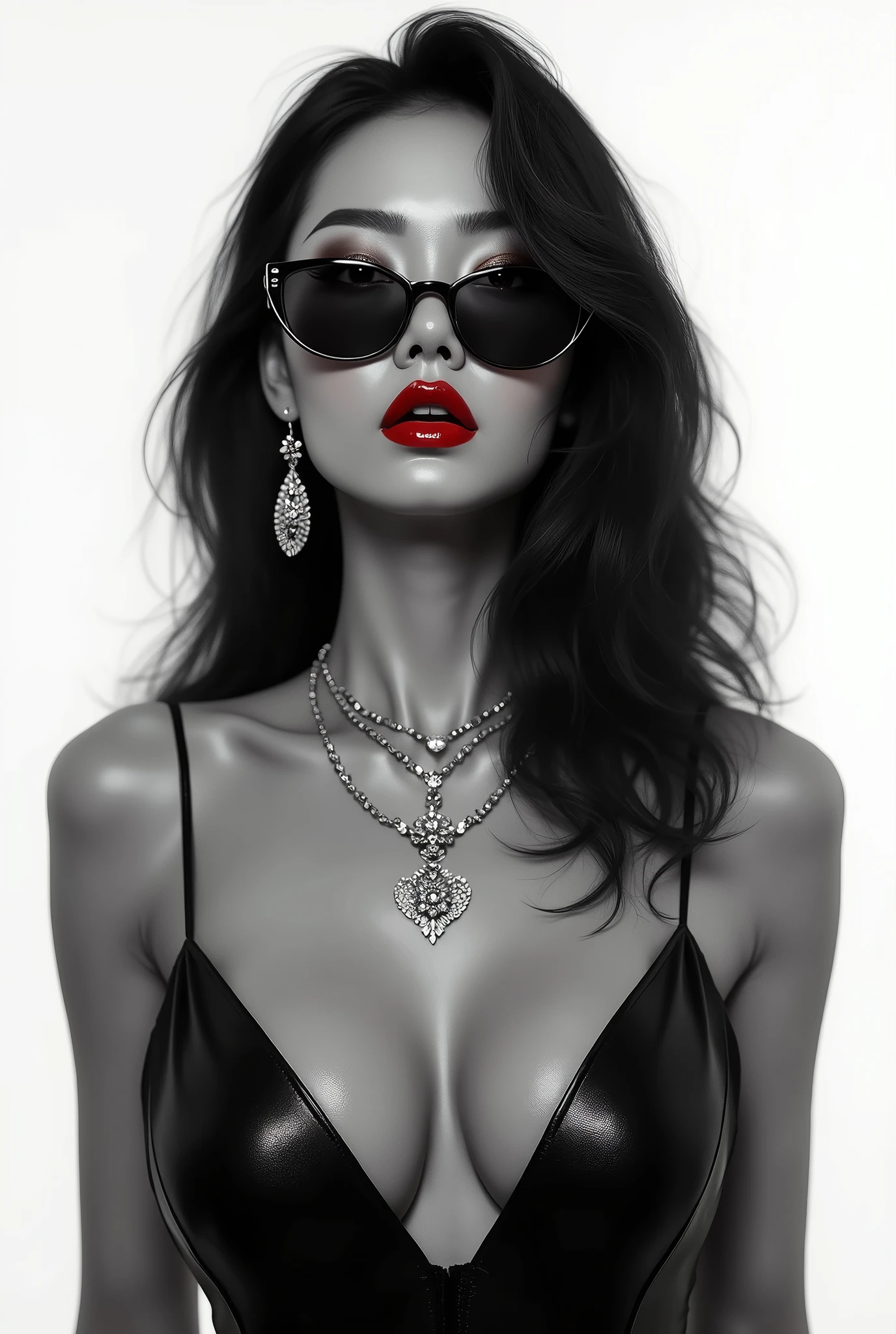 1girl, sunglasses, solo, hat, lipstick, red lips, long hair, dress, plunging neckline, makeup, monochrome, white background, earrings, cleavage, jewelry, upper body, spot color, hair over shoulder,dark theme,shiny,shiny skin,milf,(mature japanese female:1.2),
