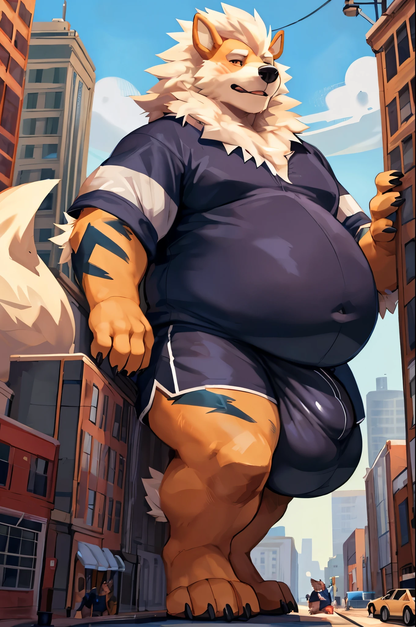 4k ultra quality, 4k half body view,ultra high detailed body,feral (arcanine),wide body,charming body,chubby body,chubby face,shiny fur, big belly, (round belly), hyper belly, enormous belly, enormous body,by mystikfox61, by glitter trap boy, by bebebebebe,by morethreedee, by seibear,(thick thigh),(chubby thigh),thicc thigh,thick legs,chubby legs,thicc legs,enomorous thigh,massive thigh,massive legs,(detailed thigh),(wide thigh),thick butt,sharp nails,(detailed face),bloated belly,enomorous thigh,detailed paws,thick paws,chubby paws,(loose shirt),feral legs,(loose shorts),tight bulge,tired,fat
,in a city,(macro),ultra bigger penis,thick penis,long penis,(detailed bulge),standing among high-rise buildings, among crowd,((hyper penis, hyper balls, huge penis, huge balls, huge chode)),(embarrassed face),back view