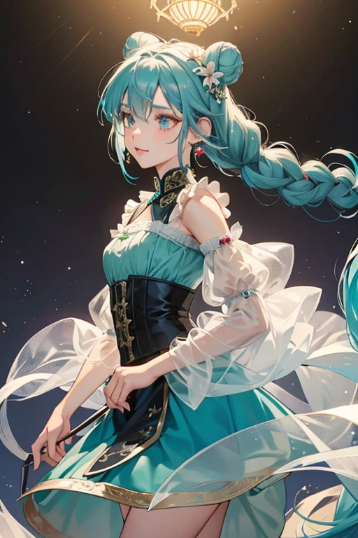 Shenhe's light bluer hair is parted off-center with one side covering her right eye. The back hair is fastened by teal ribbons in a loose fishtail braid ending in a super-low pony. A small odango bun is braided at her back head accessorized with a black hairpin.

Shenhe wears an black halterneck qipao dress with chest opening covered by black sheer fabric and full-length side slits fastend by flower frogs, revealing her white bustier underneath. She also wears two detached bubble sleeves with a ruffled shawl in a dark teal gradient. Her dress, bustier, and sleeves feature intricate patterns resembling snow lotus in dark sliver and gold accent. A metal garter is worn on her right thigh, where the Vision is affixied.

Her accessories consist red knots attaching to her sleeve garters and neck straps, a lotus headpiece, heart-shaped earrings, ombre nails, and simple black pumps with sliver anklets. . SPARKLE; GLITTER