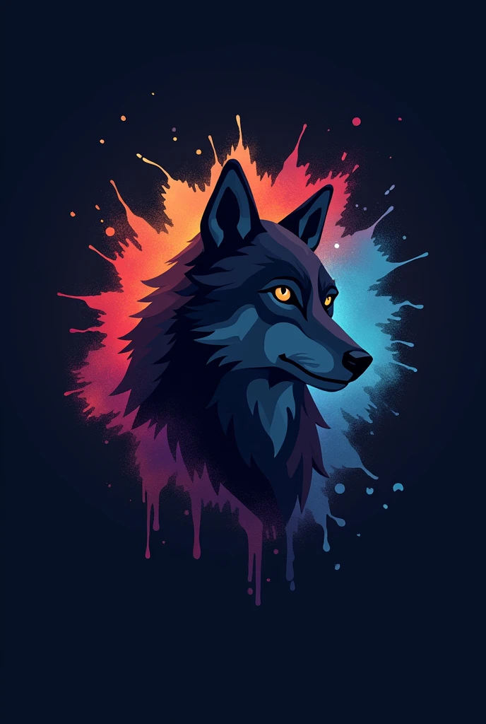 Colorful signs, Simple cute little wolf head vector art logo illustration, front, magic, Sharp design, Soft, monochrome, Dark magic colorful splash paint, T-shirt design, Studio Ghibli style, Design should be vector art . Use Adobe Illustrator, Create a clean, Simple yet charming logo. Keep the design focused on the cat’s eye, Capture its uniqueness and charm. The logo should evoke a feeling of sophistication and serenity. Emphasis on low-poly style,Add a touch of luxury. The overall appearance should be stylish and beautiful, Related to your brand and logo goals, black background, ((symmetry)) This is a wolf,Do not reflect