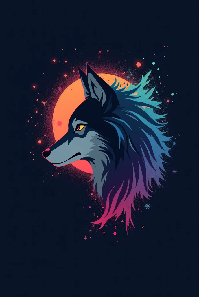 Colorful signs, Simple cute little wolf head vector art logo illustration, front, magic, Sharp design, Soft, monochrome, Dark magic colorful splash paint, T-shirt design, Studio Ghibli style, Design should be vector art . Use Adobe Illustrator, Create a clean, Simple yet charming logo. Keep the design focused on the cat’s eye, Capture its uniqueness and charm. The logo should evoke a feeling of sophistication and serenity. Emphasis on low-poly style,Add a touch of luxury. The overall appearance should be stylish and beautiful, Related to your brand and logo goals, black background, ((symmetry)) This is a wolf,Do not reflect