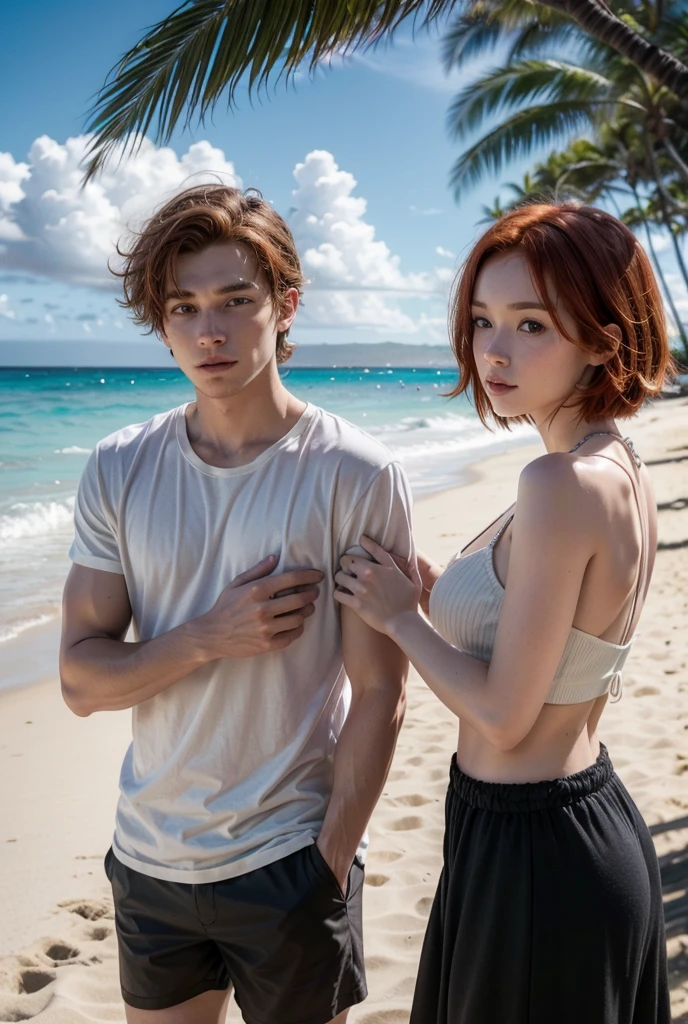 Redhead man with short straight hair together with his young redhead woman girlfriend in Hawaii enjoying the beach