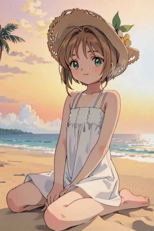 High resolution backgrounds,Beautiful background,anime, cute,The big sun setting on the horizon, Sunset-bathed beach,,,Flat chest,White camisole dress,Chestnut Hair,Short Bob Hair,barefoot,Green Eyes,White straw hat,Lens flare,Sitting flat on the sand,smile