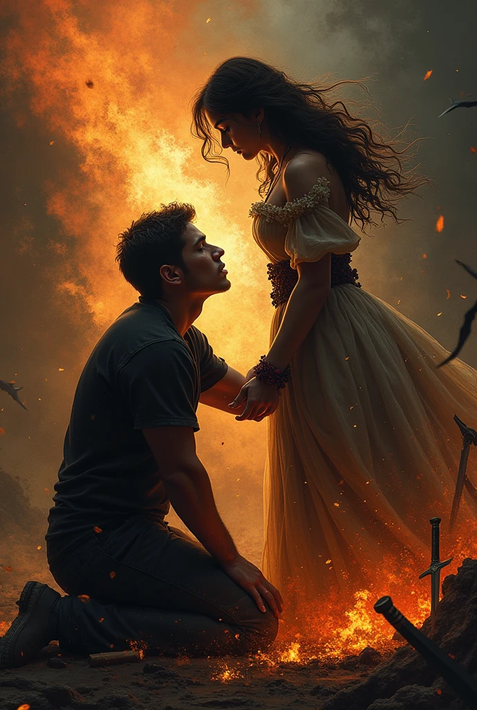 "In a realm of chaos and shadow, a man kneels amidst a whirlwind of jagged blades and searing flames. His expression is a blend of torment and resignation. Before him stands his lover, her face a conflicted portrait of grief and resolve. With a cold, unwavering gaze, she thrusts a sword into his heart, sealing their fates in a cruel, fiery embrace. Explore the depths of their anguish and the chilling, tragic inevitability of this moment."