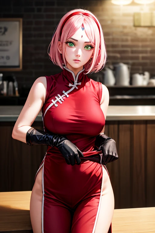 masterpiece, Highest quality,  (Unreal Engine), reality, Super Resolution,  Very detailed, Complex, colorful, Clear images, Sharp focus, Digital Blending, 

One Woman, sakura haruno, short hair, bangs, (greeneyes:1.5), pinkhair, hairband, facial mark, (forehead mark:1.2), red hairband, (swept bangs:1.5), Puffy nipples, Perfect Eyes, Perfect Face, Ultra detailed hair, Ultra detailed face, Very detailed lips, Vivid expression, Healthy Body, Beautifully detailed sweat glands, Smooth skin texture, Carefully drawn,

((humidity:1.2), Sticky with sweat), chinese clothes, dress, red dress, short skirt, black shorts, gloves, black gloves, sleeveless, Bold sexy pose,  

In the world of Naruto, in a coffee shop, (Shot on Sony α9, Dynamic Angle), Browsing Caution, 