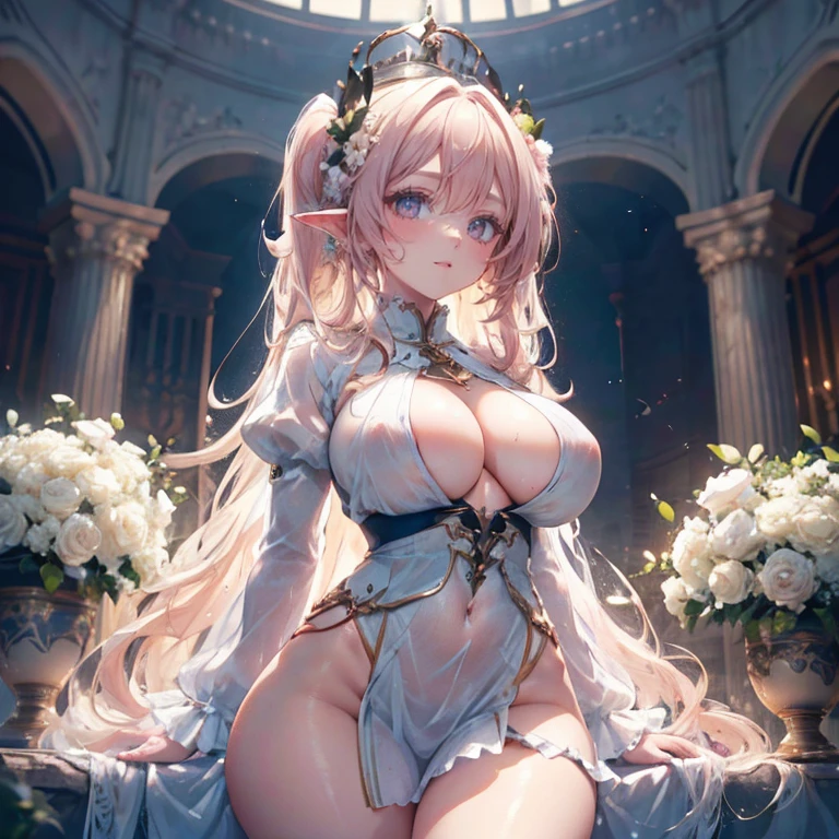 Anime Waifu beautiful detailed eyes, beautiful detailed lips, extremely detailed eyes and face, longeyelashes, 1girl, sensuous, young woman, medium breasts, beautiful feminine face, nice thighs, slim, sexly, erotic, beautiful clothes, perfect body, cinematic lighting and framing, (best quality,4K,8k,highres,masterpiece:1.2),ultra-detailed,digital painting,portrait,glamorous,highly detailed,soft lighting,warm color tones better, hatsune miku, , Giant tits, giant ass, very curvy, Strawberry blonde with curly bangs, pastel pink eyes, fleshy lips, seducer, soft smiling, white flowing dress with long puffy sleeves, elf ears, crown of flowers, thick-thighs, Curvy physique