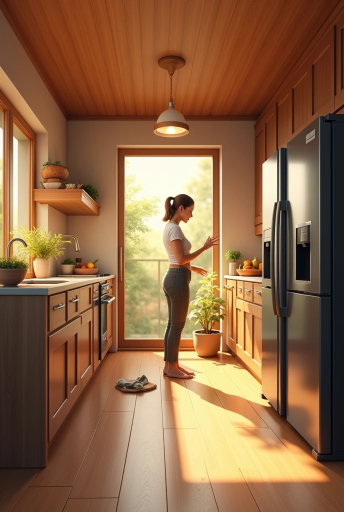 A kitchen with yellow light with floors, ceiling and walls made of wood in a not so dark color, two refrigerators and the cabinets are black and a woman is cleaning 

