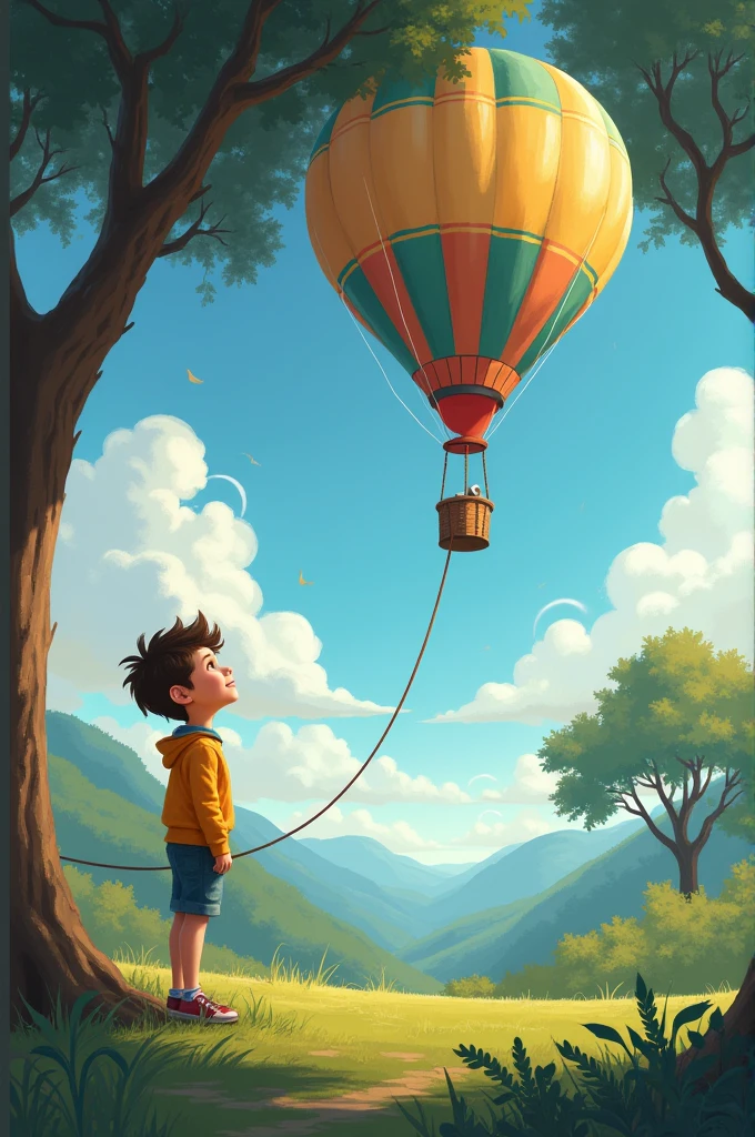 draw on the left side a balloon tied to the ground on a trunk and on the right side a person looking up at the balloon 