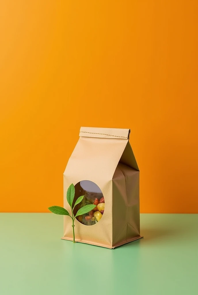 a small bag-type packaging for food made of biodegradable and environmentally friendly kraft paper with a small transparent plastic sheet that allows you to see what is inside, with an orange background and a gradient in shades of green and light green and a small plant
