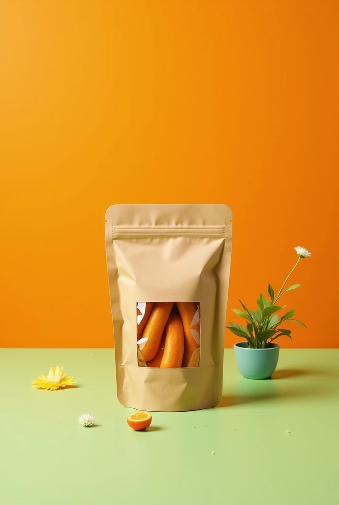 a small bag-type packaging for food made of biodegradable and environmentally friendly kraft paper with a small transparent plastic sheet that allows you to see what is inside, with an orange background and a gradient in shades of green and light green and a small plant