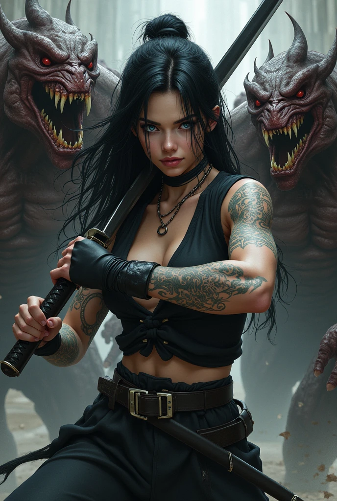 Woman with long black hair, Caucasian skin, blue colored eyes, tattooed, powerful woman, with a modest black outfit that has no cleavage. She is fighting monsters with a katana.