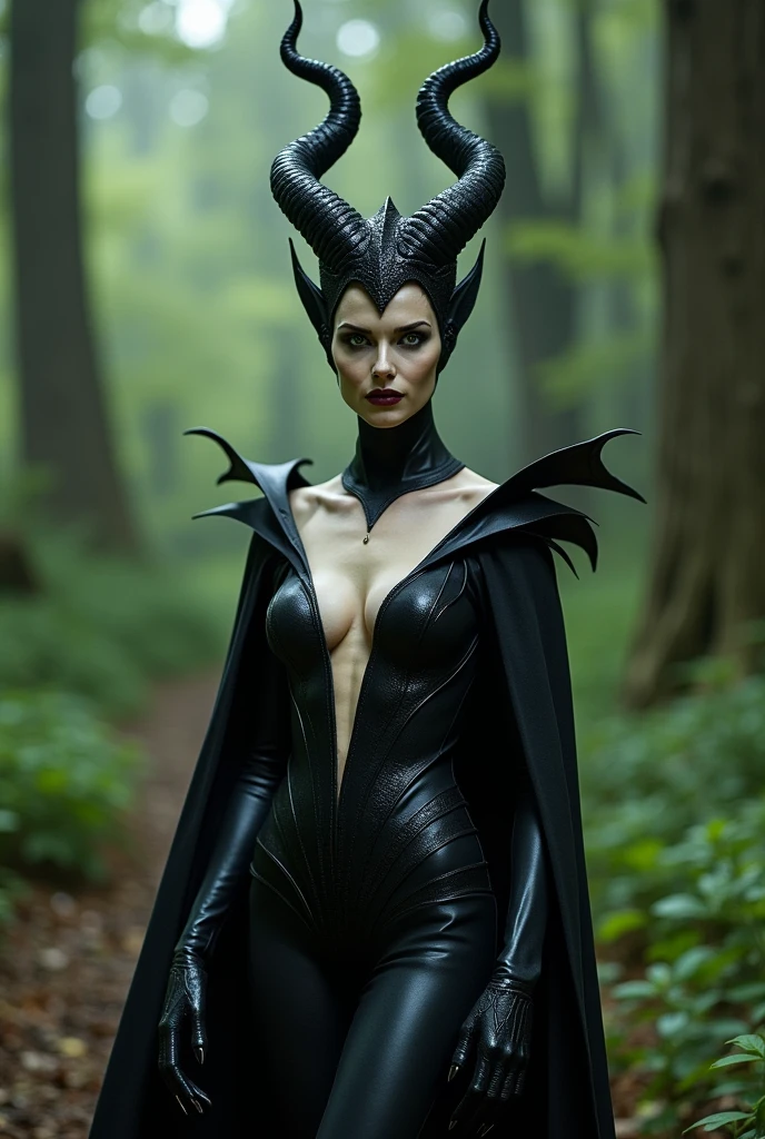Maleficent in her dragon form, in the nude, her naked form, in a forest, non human features, her hands are dragon claws, pronounced cheekbones, very pale eyes