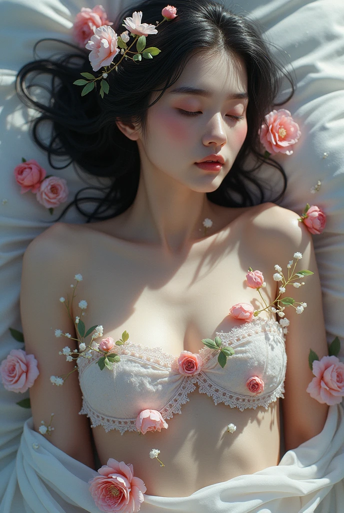 There is a European woman lying on the bed with a bunch of flowers, flowers in her dark hair, woman in a bed of flowers, with flowers, flowers growing from the body, beautiful girl, with frozen flowers around her, flowers covering her eyes, flowers growing out of her body, wrapped in flowers, covered with flowers, beautiful image, girl in flowers, feeling sleepy