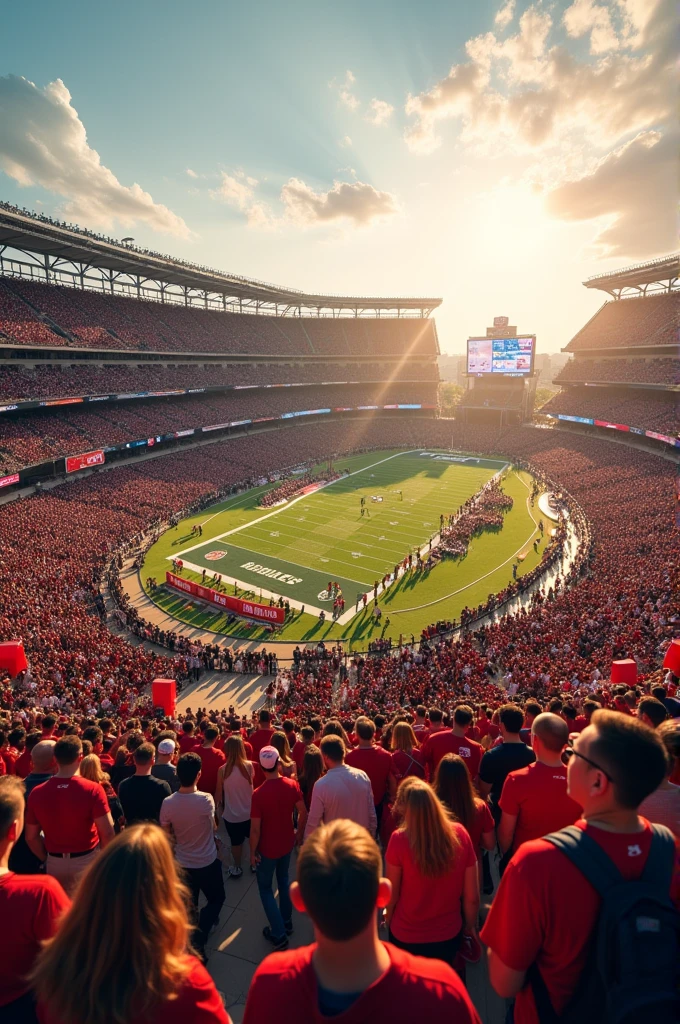American football stadium in celebration, seen centered above, the afternoon light, showing the area outside the stadium. 