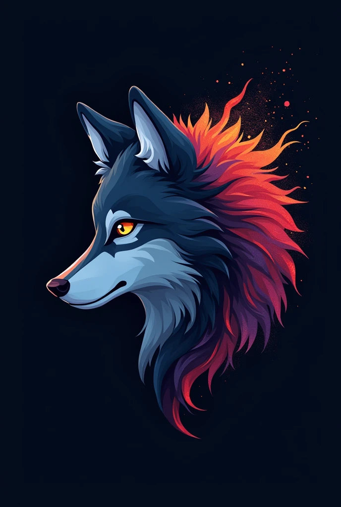 Colorful signs, Simple cute little wolf head vector art logo illustration, front, magic, Sharp design, Soft, monochrome, Dark magic colorful splash paint, T-shirt design, Studio Ghibli style, Design should be vector art . Use Adobe Illustrator, Create a clean, Simple yet charming logo. Keep the design focused on the cat’s eye, Capture its uniqueness and charm. The logo should evoke a feeling of sophistication and serenity. Emphasis on low-poly style，Add a touch of luxury. The overall appearance should be stylish and beautiful, Related to your brand and logo goals, black background, ((symmetry))　This is a wolf，Do not reflect