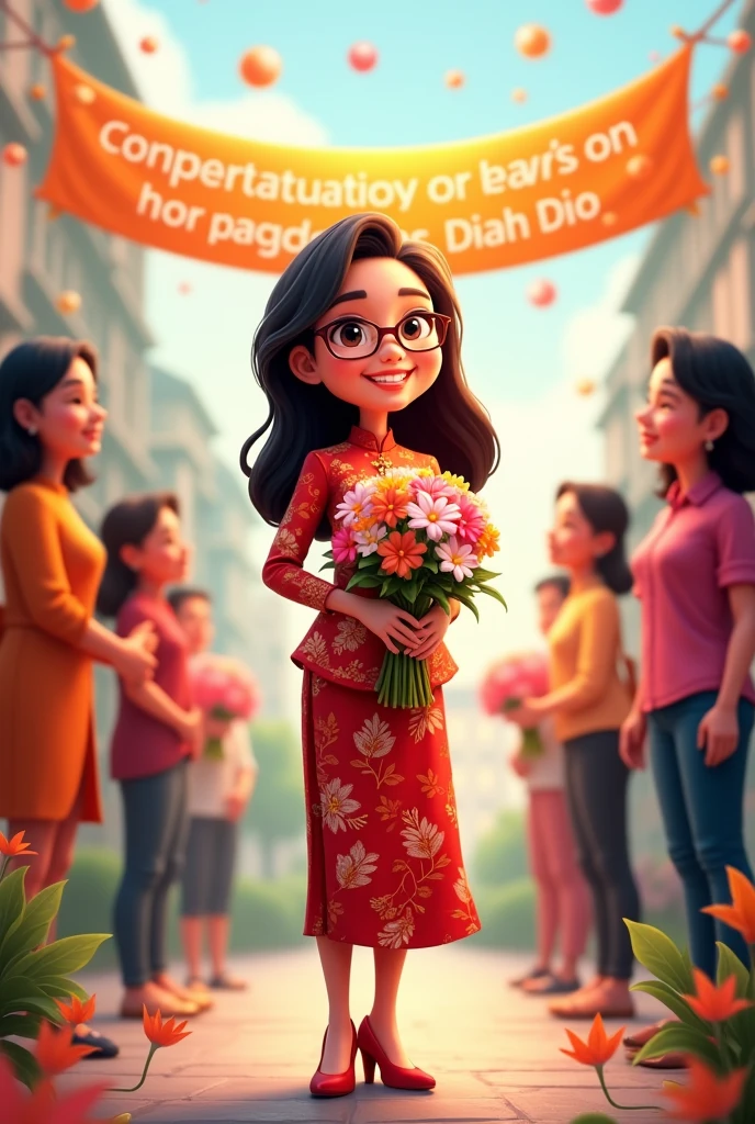 4D Cartoon of Indonesian Woman aged 30 years, wearing a traditional red kebaya, wearing glasses, high heel shoes, hold a bouquet of flowers, cheerful face, there is a banner with the writing, "Congratulations on the Promotion, Dr. Diah Dio", UHD, 16k, clear, flanked by 6 other people..