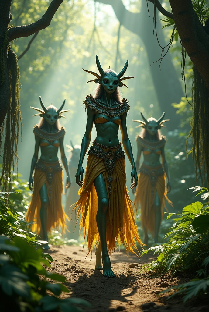 Some aliens walking through the forest dressed as Mayans 