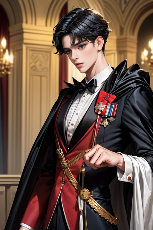 masterpiece, 最high quality, high quality, 1 boy, alone, Male focus, Upper Body,Watching the audience, Messy black hair, Adorable big blue eyes, White, Noble, Noble,A black and red cape that is bursting with sexy volume、Tuxedo、A very voluminous, large, very large, very large, long, long red and black cape with a high stand-up collar, made of a lot of fabric that reaches down to the floor., ,cute beautiful,Cute, cute, kind, handsome guy