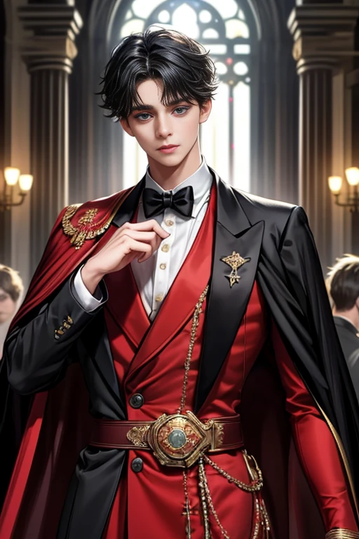 masterpiece, 最high quality, high quality, 1 boy, alone, Male focus, Upper Body,Watching the audience, Messy black hair, Adorable big blue eyes, White, Noble, Noble,A black and red cape that is bursting with sexy volume、Tuxedo、A very voluminous, large, very large, very large, long, long red and black cape with a high stand-up collar, made of a lot of fabric that reaches down to the floor., ,cute beautiful,Cute, cute, kind, handsome guy