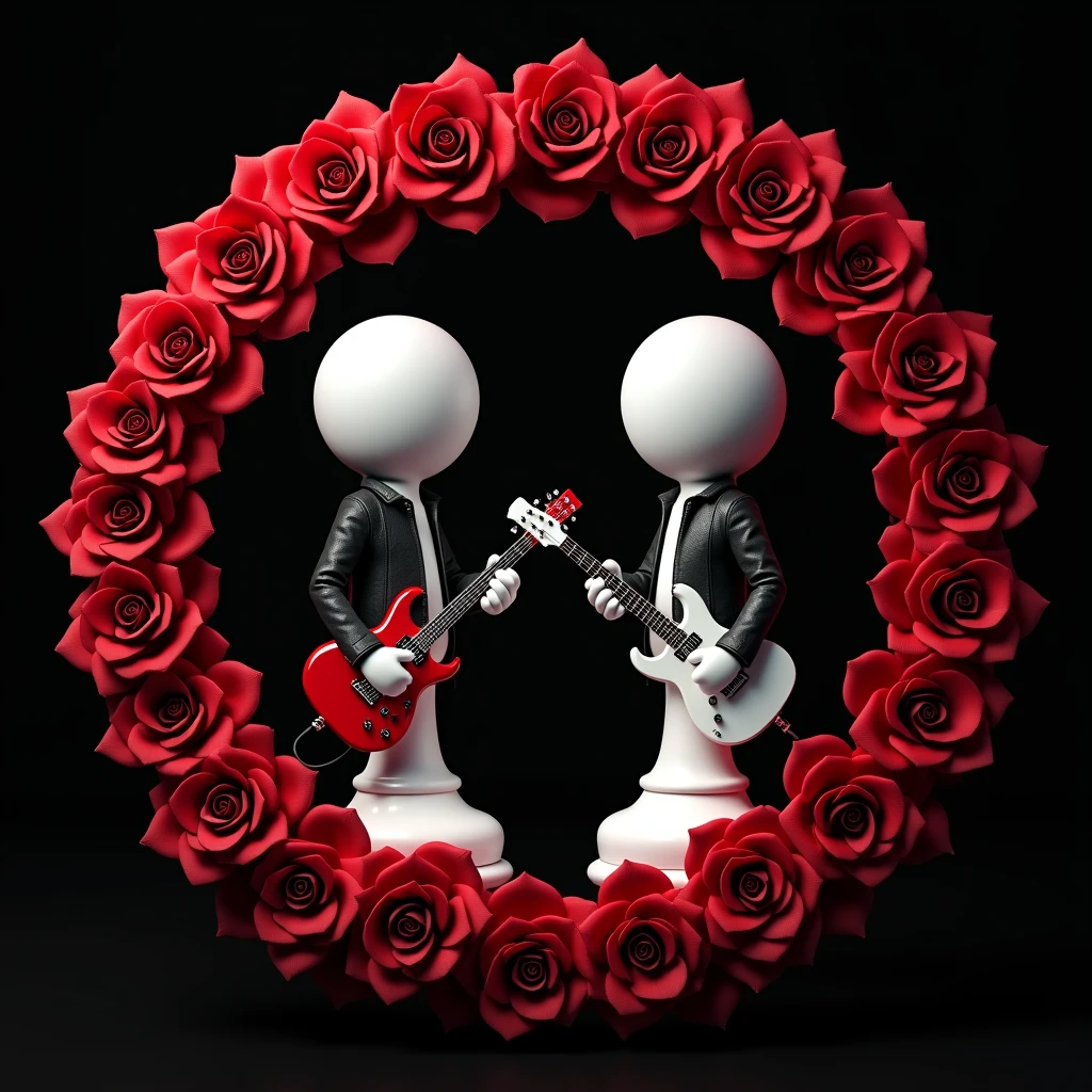 Create two characters that are chess pawns wearing a leather jacket and holding an electric guitar.. The head should be spherical without eyes similar to a real chess pawn and without legs like the base of a real chess pawn.. The base, head and hands should be white.... Surround the characters with a circular garland of red roses like the logo of the band Guns'n Roses. The background must be black