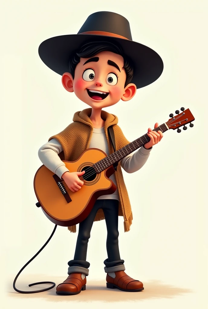 Cartoon of a boy with short haircut wearing stylish black hat, with knitted poncho, white long sleeve shirt, black cloth pants and leather sandals . With his guitar in his hands singing