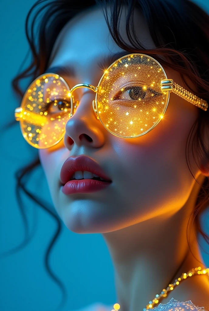 model wearing vitreous sunglasses with star and moon in the glass, in the style of dark sky-blue and light yellow, minimalist pen lines, fairy kei, use of precious materials, vibrant and lively hues, captivating, glitter