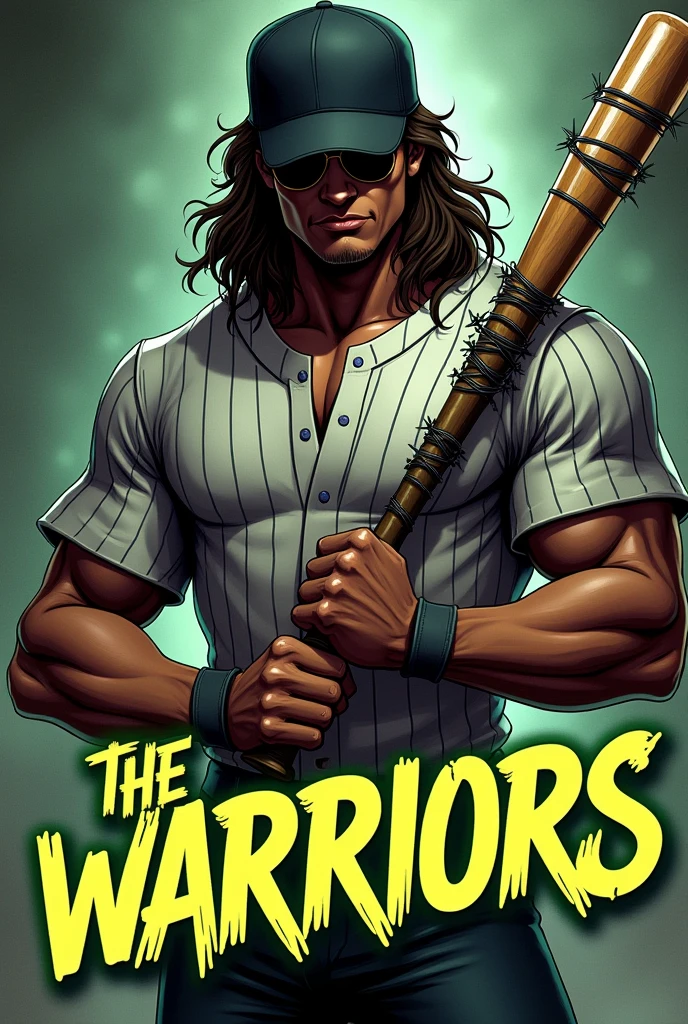 Comic book style cover featuring a muscular figure in a baseball uniform with vertical black and white stripes. The subject has long, wavy hair and is wearing a black cap and sunglasses, obscuring facial features. The skin tone is a medium brown. The figure is holding a baseball bat wrapped in barbed wire, which is highlighted with a glowing green outline. The title 'The Warriors' is prominently displayed in bold, red graffiti-style text across the lower half of the image. The background is a mix of dark and light shades, creating a dramatic contrast. The overall layout is vertical with the subject centered, and the title text overlapping the figure's torso., 4K, anatomically correct, masterpiece, high details, award winning, high quality, super detail, best quality