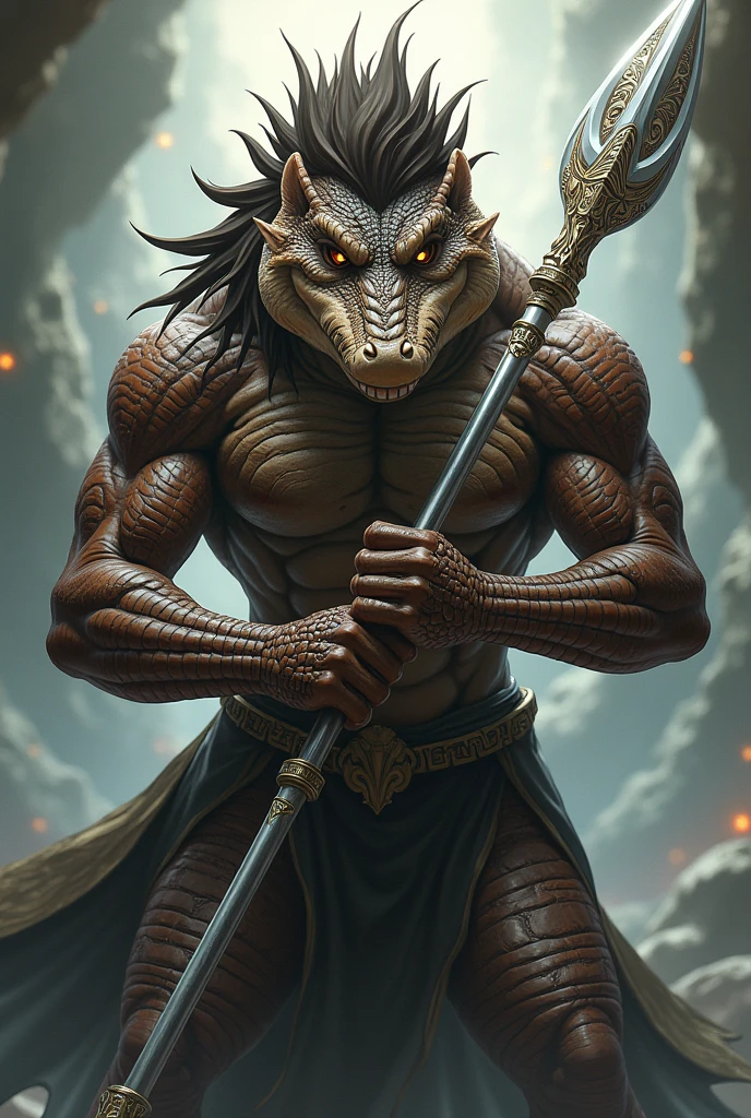 oc anime male demi human alligator, brown eyes, dark brown hair, brown skin color, carrying a silver sacred spear