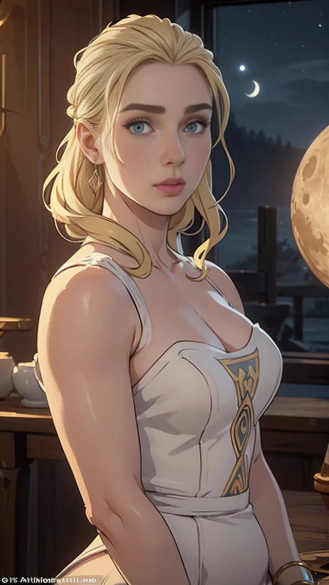 masterpiece, best quality, (full body shot,,moon),Masterpiece, 1girl, solo exhibition, beautiful woman, , beautiful goddess girl portrait, beautiful and detailed face, porcelain skin, (((bust shot, center, night, blonde hair), super soft lighting, symmetry, complexity, elegance, high detail, realism, art, concept art, Nordic female warrior, amazing body, athletic, curvy, Queen of the north, unparalleled beauty,