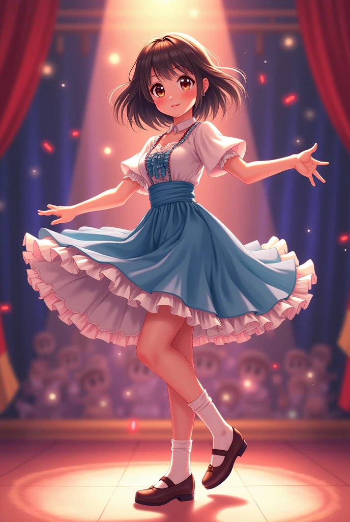 A pretty girl with bright brown eyes, with her channel cut hair and dark brown hair color, with a height of 1'60, Dancing on a stage, anime drawing