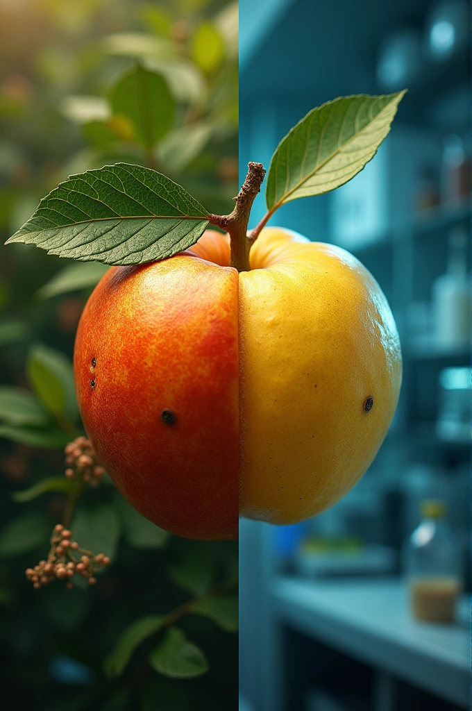 • An image divided into two halves: one with a natural fruit in its original environment (like a tree or a farm) and the other half showing the same fruit, but in a laboratory or with a “genetically modified” label.